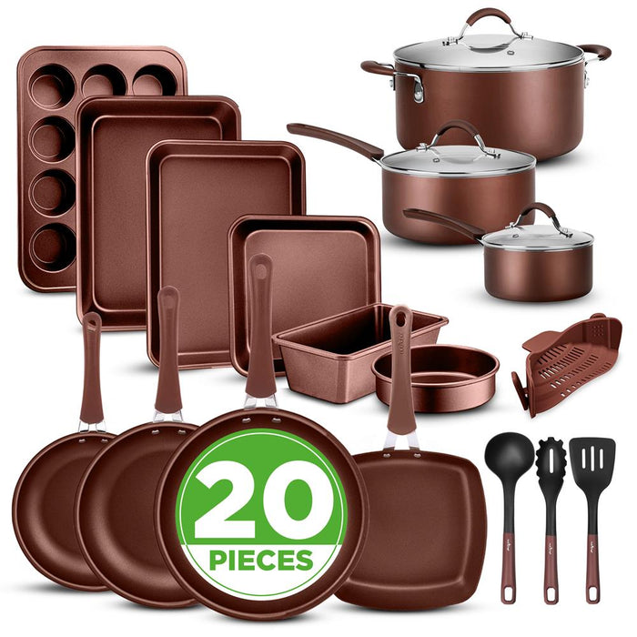 20-Piece Non-Stick Cookware Set, Even Heat, Cool-Touch Handles, Brown