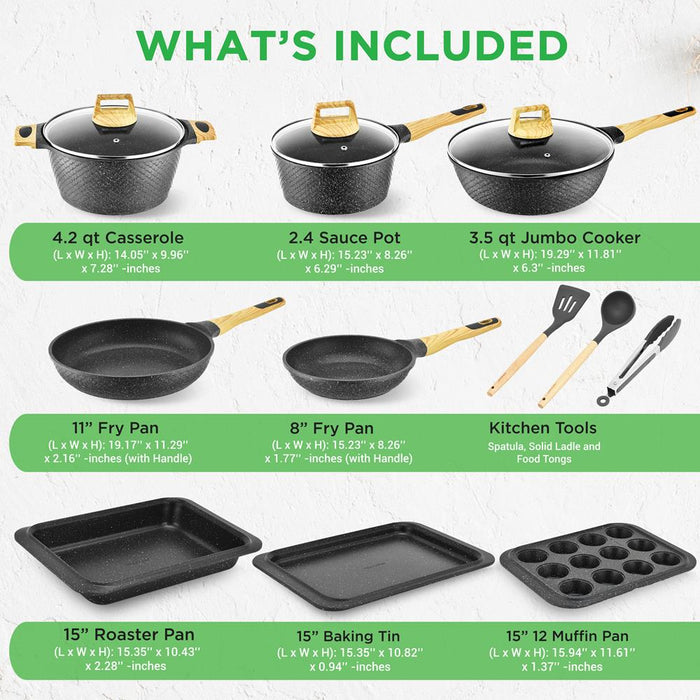 22-Piece Non-Stick Cookware Set, Even Heat, Marble Coating, Black