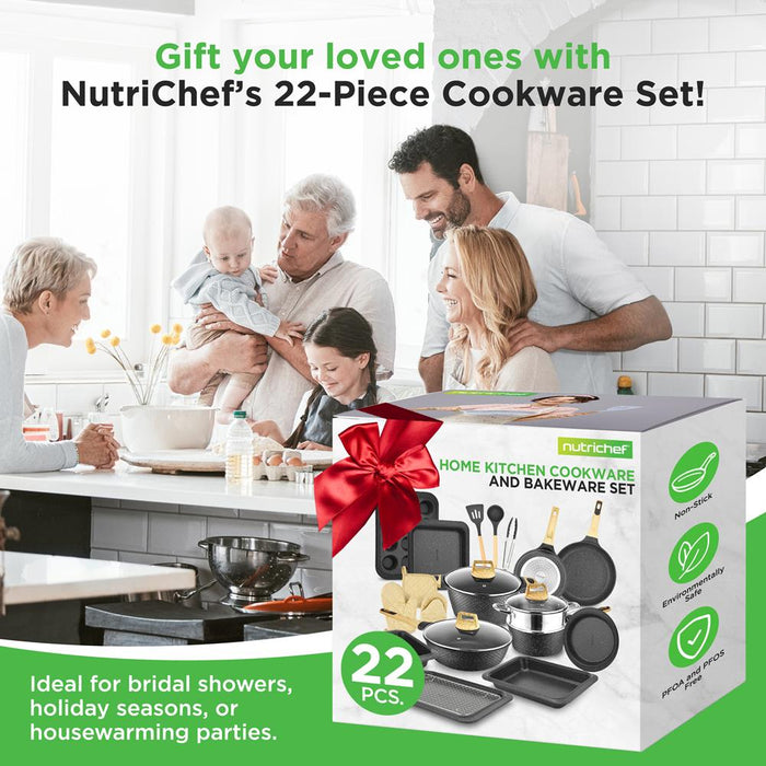22-Piece Non-Stick Cookware Set, Even Heat, Marble Coating, Black