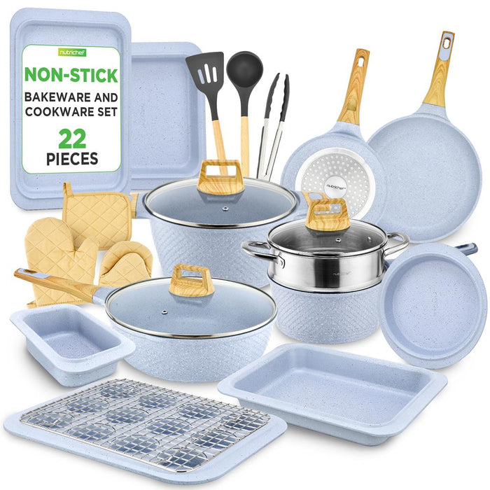 22 Pcs. Home Kitchen Cookware, Kitchen Tools, And Bakeware Set - High Quality And Marble Non-Stick Kitchenware Pots And Pans (Moon Grey Marble)