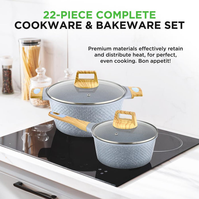 22 Pcs. Home Kitchen Cookware, Kitchen Tools, And Bakeware Set - High Quality And Marble Non-Stick Kitchenware Pots And Pans (Moon Grey Marble)