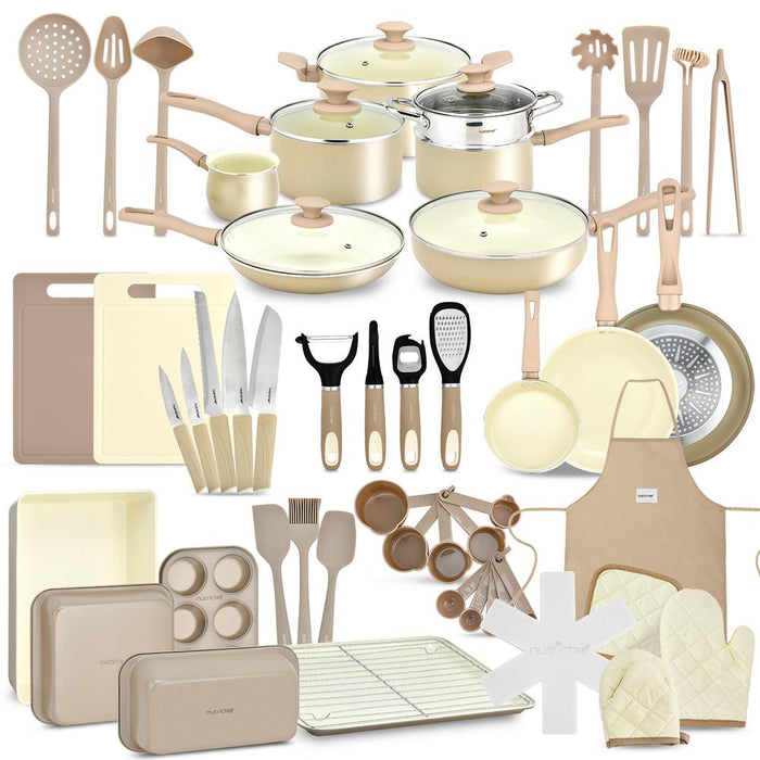 54 Pcs. Home Kitchen  Cookware, Kitchen Tools, And Bakeware Set  - High-Quality Ceramic Kitchenware Pots And Pans (Taupe Brown)