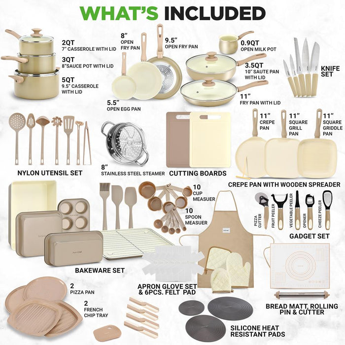75-Piece Non-Stick Cookware Set, Ceramic Coating, Cream/Brown