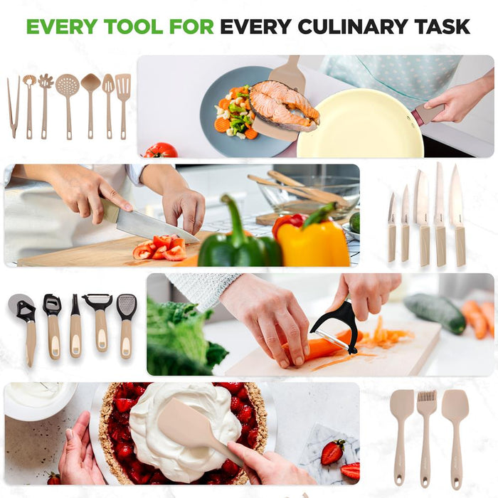 75-Piece Non-Stick Cookware Set, Ceramic Coating, Cream/Brown