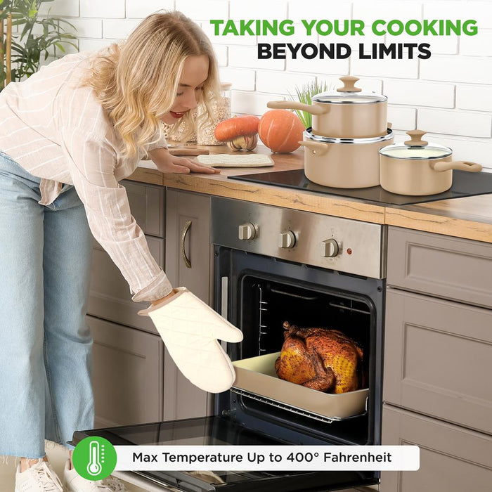 75-Piece Non-Stick Cookware Set, Ceramic Coating, Cream/Brown