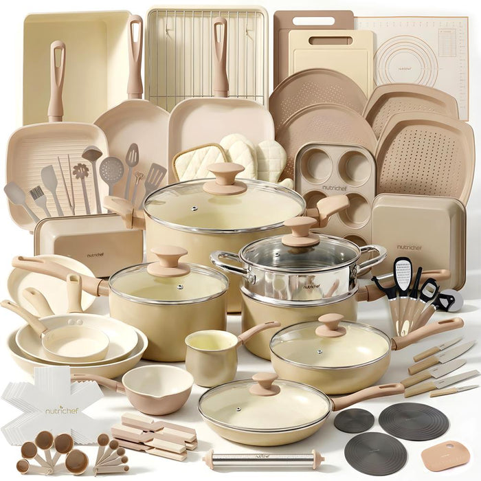 75-Piece Non-Stick Cookware Set, Ceramic Coating, Cream/Brown