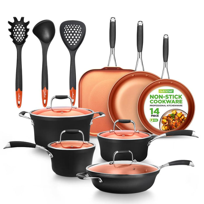 Kitchenware Pots & Pans Set - Luxury Kitchen Cookware, 3 Layers Copper Non-Stick Coating Inside, Hard-Anodized Looking Heat Resistant Lacquer Outside (14-Piece Set)