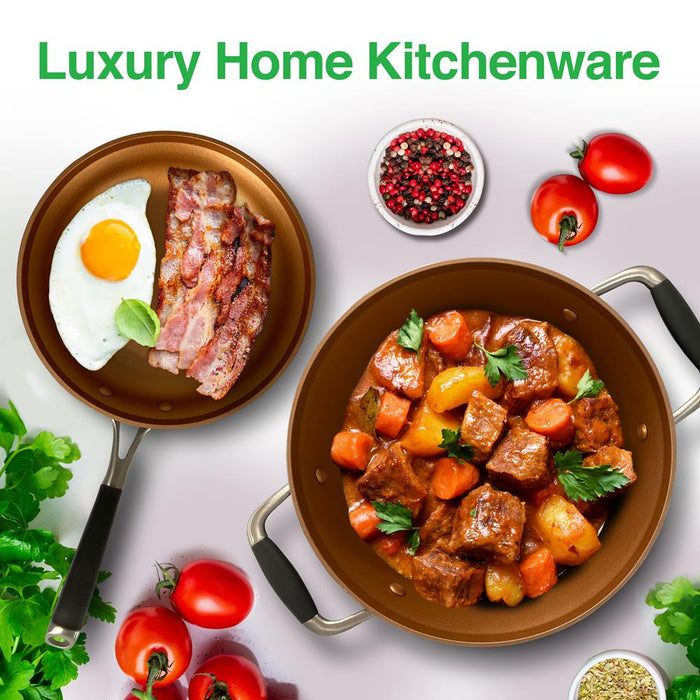Kitchenware Pots & Pans Set - Luxury Kitchen Cookware, 3 Layers Copper Non-Stick Coating Inside, Hard-Anodized Looking Heat Resistant Lacquer Outside (14-Piece Set)