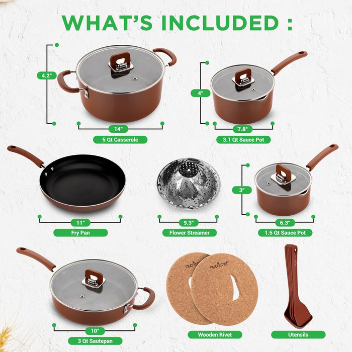 17-Piece Nonstick Cookware Set, Space-Saving Stackable Design, Brown