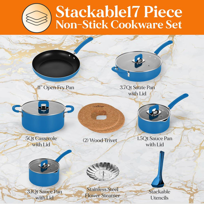 Kitchenware 17 Piece Non-Stick Cookware Set, Non-Stick Pans And Pots With Foldable Knob, Space Saving, Stackable, Nylon Tools Set, Induction Base, Blue (17-Piece Set)