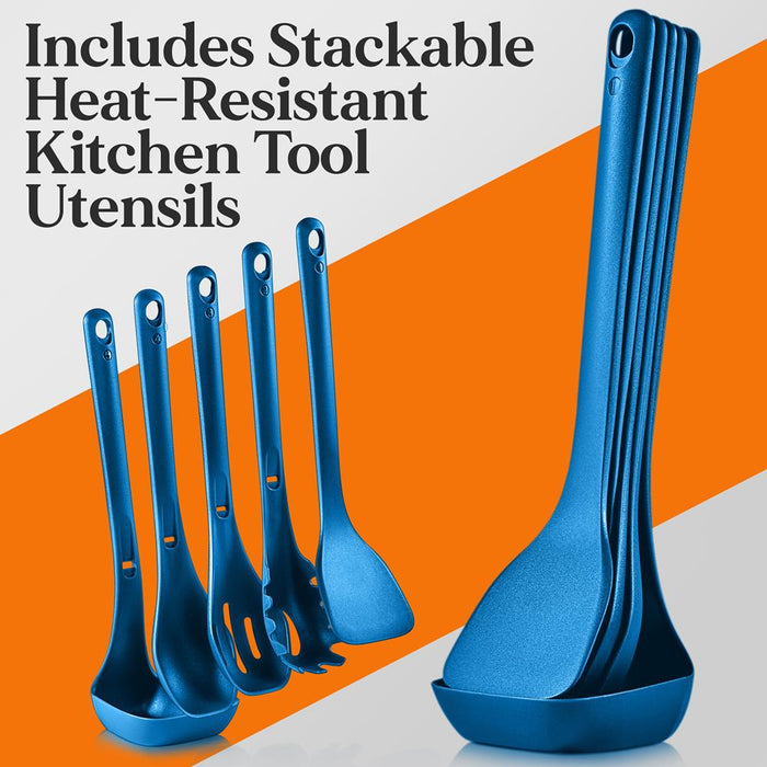 Kitchenware 17 Piece Non-Stick Cookware Set, Non-Stick Pans And Pots With Foldable Knob, Space Saving, Stackable, Nylon Tools Set, Induction Base, Blue (17-Piece Set)