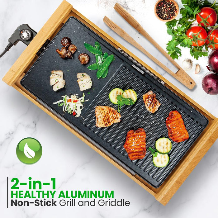 Household Smokeless Detachable Electric Bamboo Grill - Double U-Shaped Heating Tube Electric Grill, Non-Stick Cooking Surface & Adjustable Temperature Knob