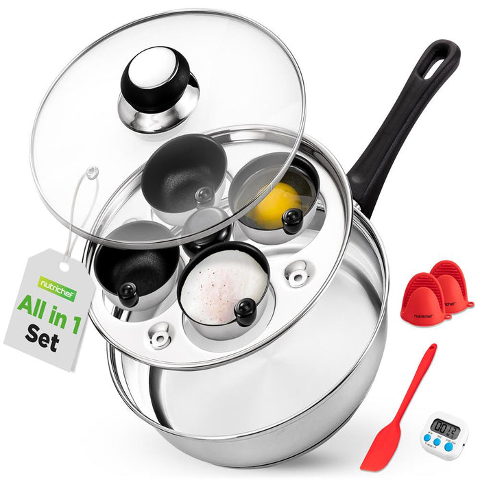 Egg Poacher Set for Perfect Eggs, Stainless Steel, Glass Lid, Silver