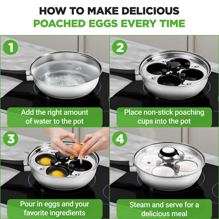 Egg Poacher Set for Perfect Eggs, Stainless Steel, Glass Lid, Silver
