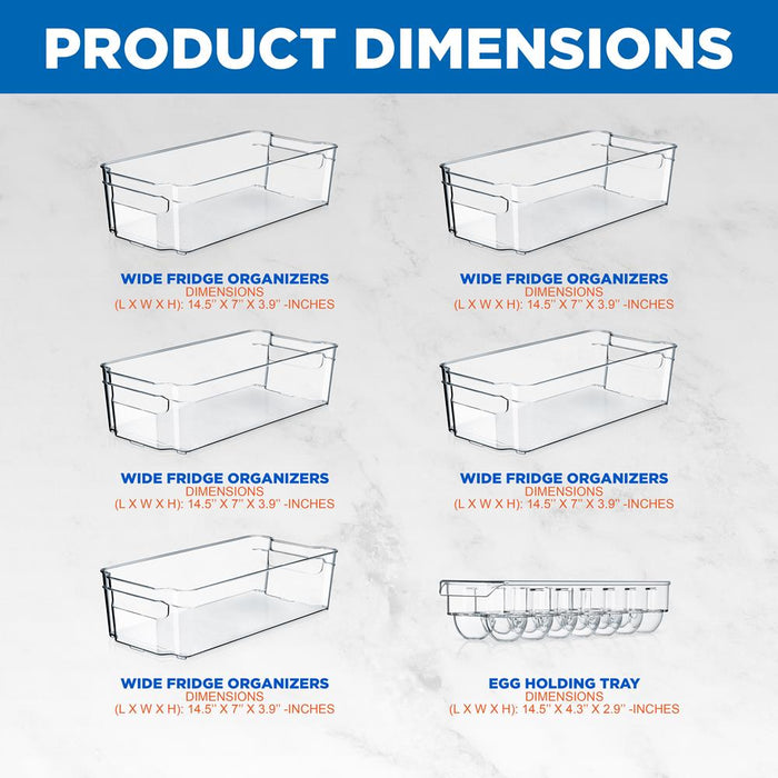 Set Of 6 Refrigerator Organizer Bins - 5 Wide Fridge Organizers And 1 Egg Holding Tray For Freezer, Kitchen, Countertops, Cabinets