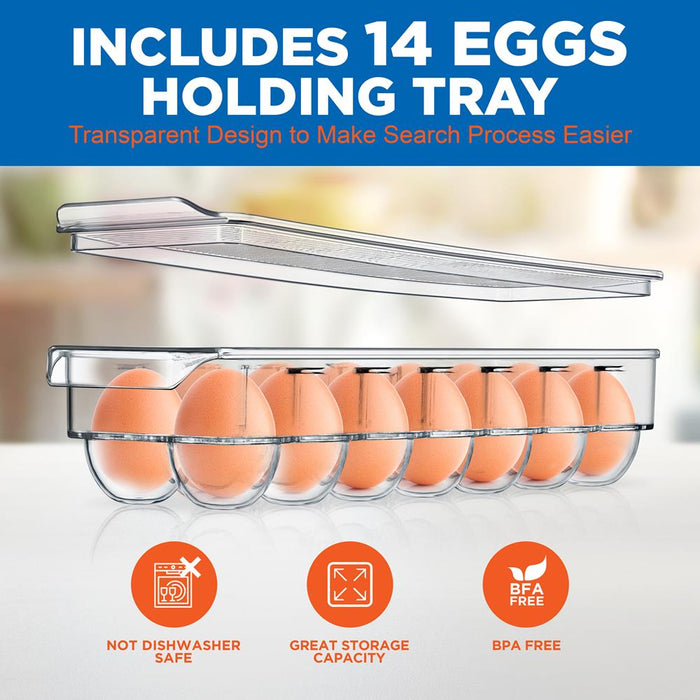 Set Of 6 Refrigerator Organizer Bins - 5 Wide Fridge Organizers And 1 Egg Holding Tray For Freezer, Kitchen, Countertops, Cabinets