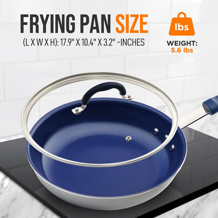 10'' Medium Fry Pan With Lid - Non-Stick Pan With Silicone Handle, Ceramic Coating Inside