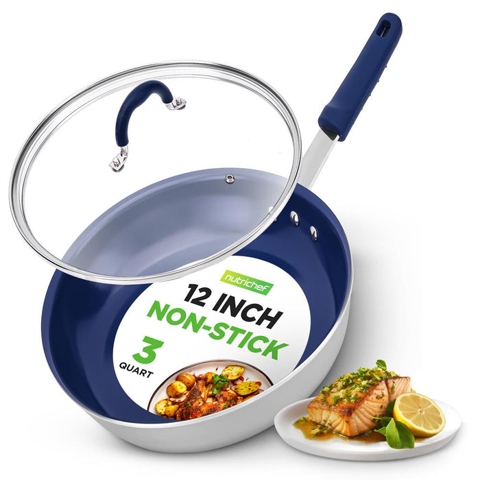12" Nonstick Fry Pan with Lid - Even Heat Ceramic Coating, Blue Handle