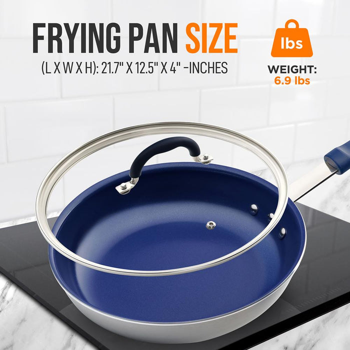 12'' Large Fry Pan With Lid - Non-Stick Pan With Silicone Handle, Ceramic Coating Inside