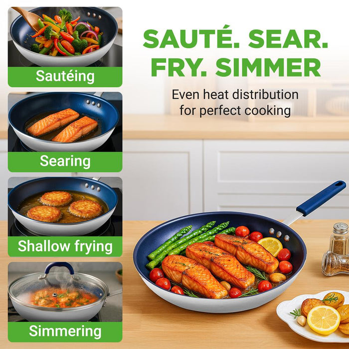 12" Nonstick Fry Pan with Lid - Even Heat Ceramic Coating, Blue Handle