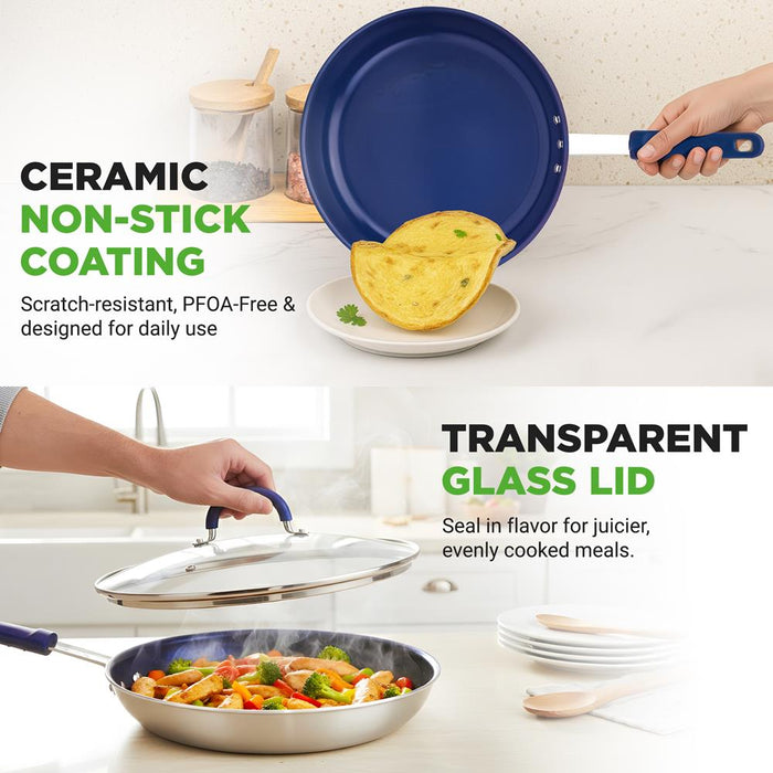 12" Nonstick Fry Pan with Lid - Even Heat Ceramic Coating, Blue Handle