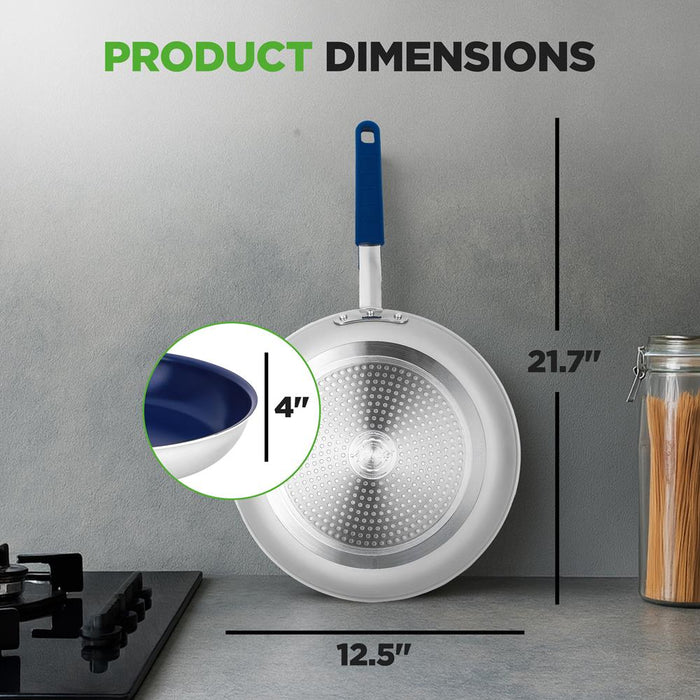 12" Nonstick Fry Pan with Lid - Even Heat Ceramic Coating, Blue Handle