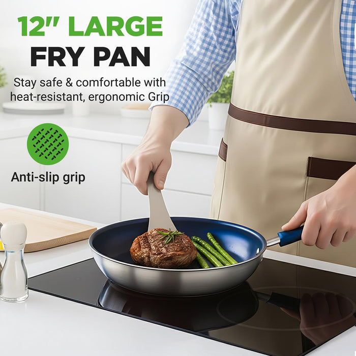 12" Nonstick Fry Pan with Lid - Even Heat Ceramic Coating, Blue Handle