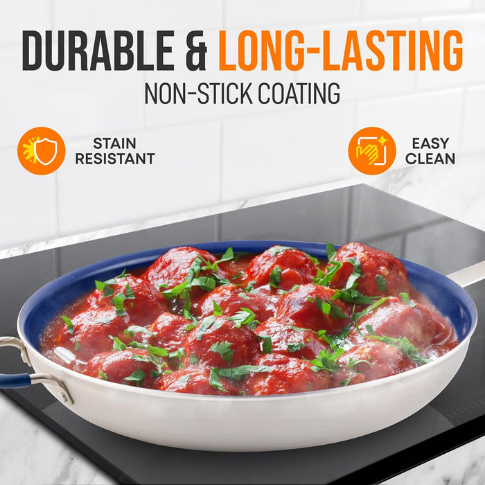 14'' Non-Stick Fry Pan With Lid - Durable Pan With Silicone Handle, Ceramic Coating Inside And Heat-Resistant Outside