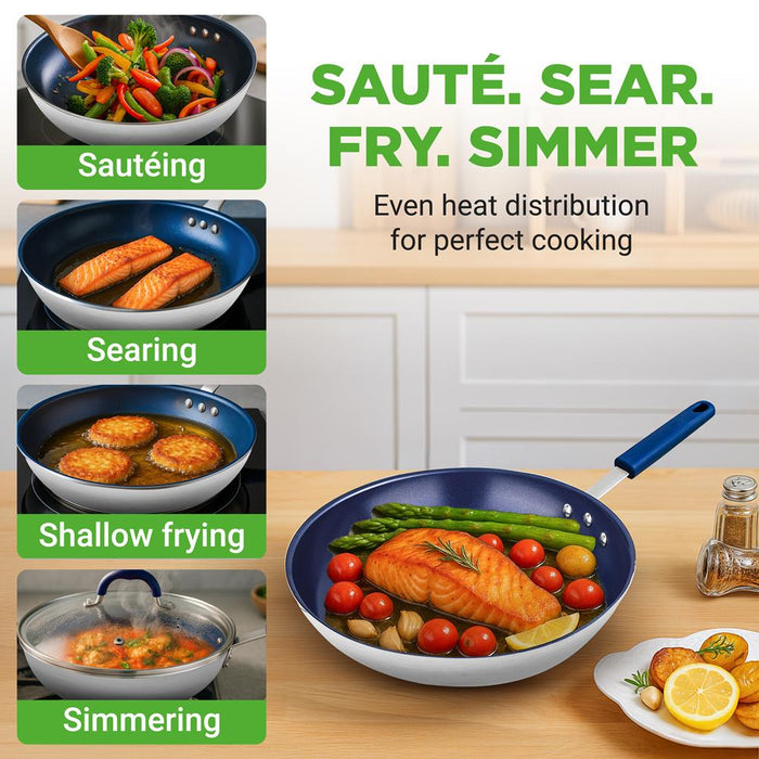 8" Nonstick Fry Pan with Lid, Ceramic Coating, Blue Silicone Handle