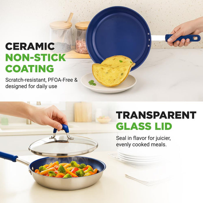 8" Nonstick Fry Pan with Lid, Ceramic Coating, Blue Silicone Handle