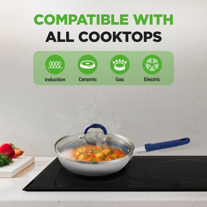 8" Nonstick Fry Pan with Lid, Ceramic Coating, Blue Silicone Handle