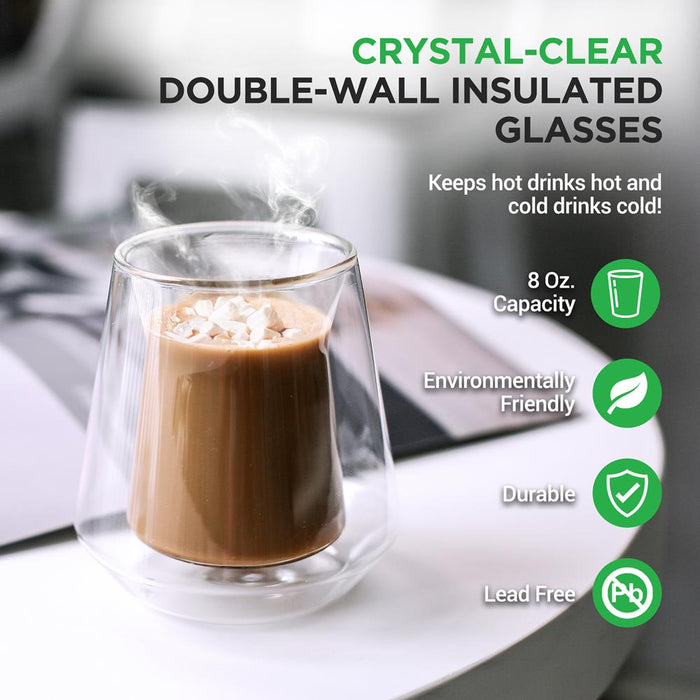 2 Pcs. Double-Wall Insulated Glasses - Clear Glass Cups, 8 Ounces Each