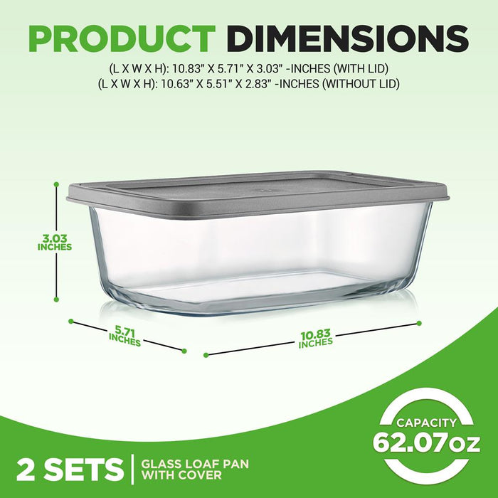 2 Sets High Borosilicate Glass Loaf Pan With Cover - Grip Handles For Easy Carry From Hot Oven To Table, Bpa-Free