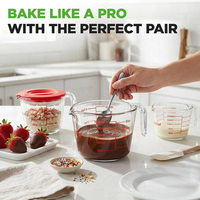 Nutrichef 250Ml, 500Ml & 1000Ml Glass Measuring Cup Set With Lid – Heat-Resistant, Bpa-Free, Clear & Durable With Easy-Read Scale – Safe For Microwave, Oven, Freezer & Dishwasher (Red)