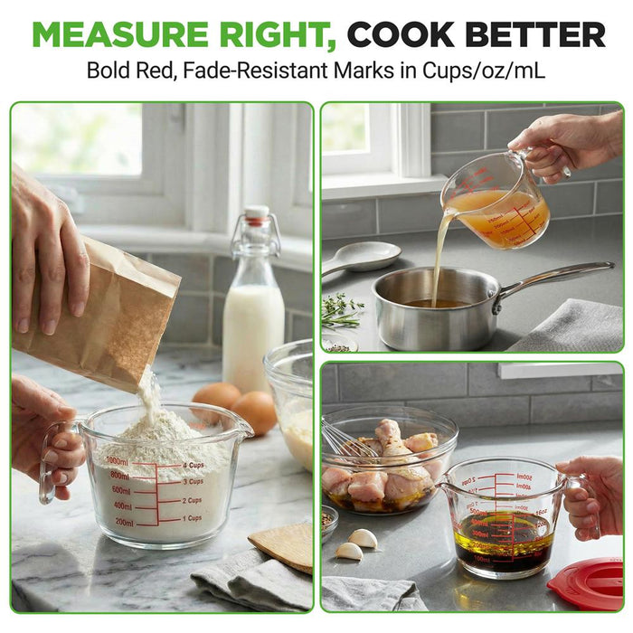 Nutrichef 250Ml, 500Ml & 1000Ml Glass Measuring Cup Set With Lid – Heat-Resistant, Bpa-Free, Clear & Durable With Easy-Read Scale – Safe For Microwave, Oven, Freezer & Dishwasher (Red)