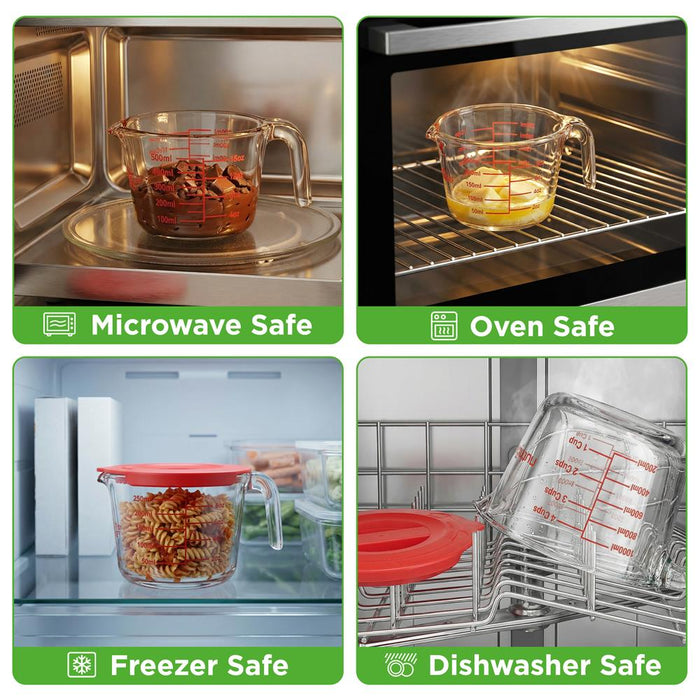 Nutrichef 250Ml, 500Ml & 1000Ml Glass Measuring Cup Set With Lid – Heat-Resistant, Bpa-Free, Clear & Durable With Easy-Read Scale – Safe For Microwave, Oven, Freezer & Dishwasher (Red)