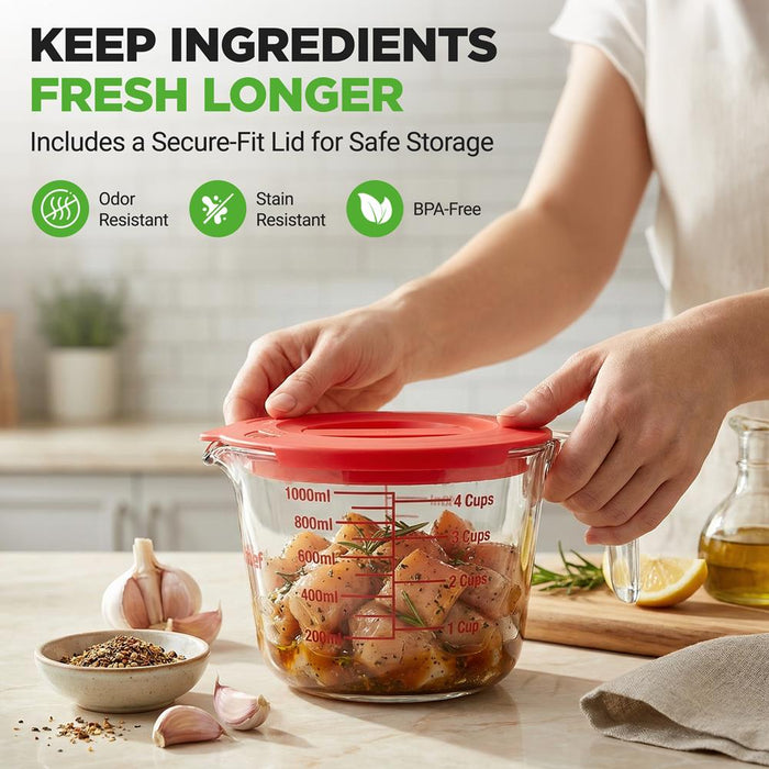 Nutrichef 250Ml, 500Ml & 1000Ml Glass Measuring Cup Set With Lid – Heat-Resistant, Bpa-Free, Clear & Durable With Easy-Read Scale – Safe For Microwave, Oven, Freezer & Dishwasher (Red)