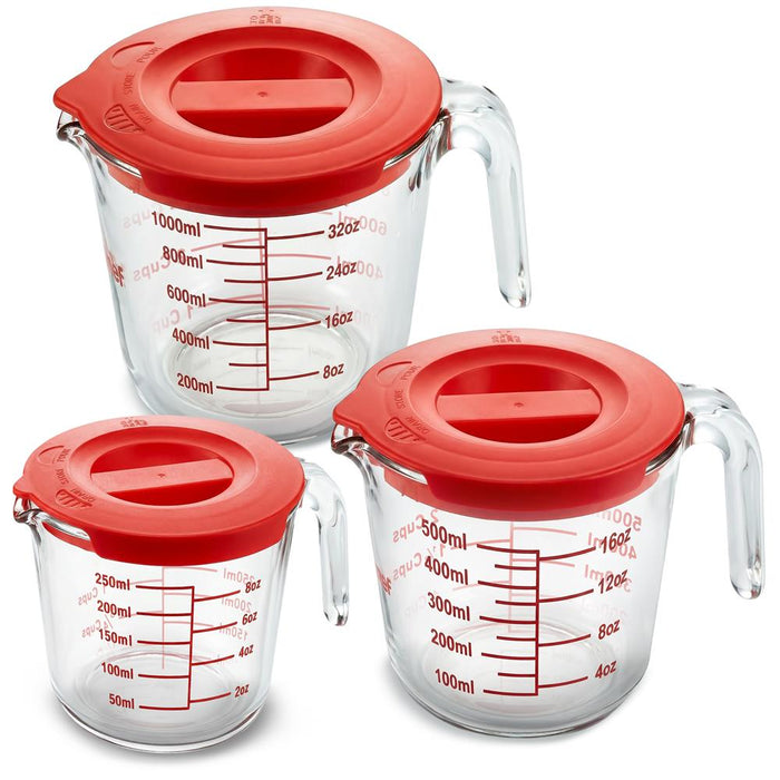 Nutrichef 250Ml, 500Ml & 1000Ml Glass Measuring Cup Set With Lid – Heat-Resistant, Bpa-Free, Clear & Durable With Easy-Read Scale – Safe For Microwave, Oven, Freezer & Dishwasher (Red)
