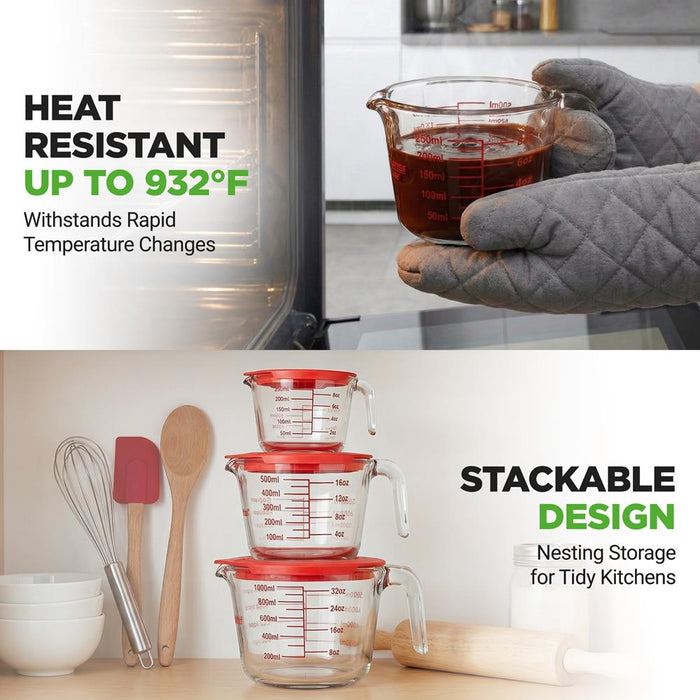 Nutrichef 250Ml, 500Ml & 1000Ml Glass Measuring Cup Set With Lid – Heat-Resistant, Bpa-Free, Clear & Durable With Easy-Read Scale – Safe For Microwave, Oven, Freezer & Dishwasher (Red)