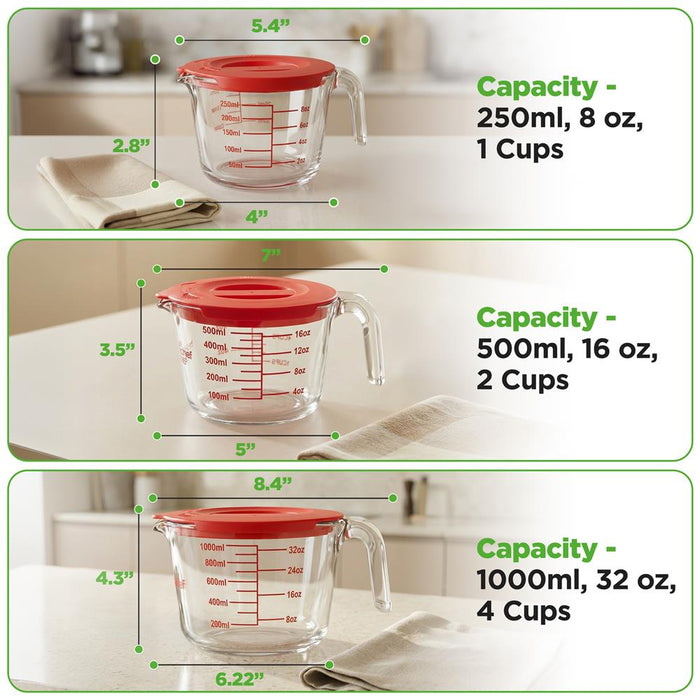 Nutrichef 250Ml, 500Ml & 1000Ml Glass Measuring Cup Set With Lid – Heat-Resistant, Bpa-Free, Clear & Durable With Easy-Read Scale – Safe For Microwave, Oven, Freezer & Dishwasher (Red)