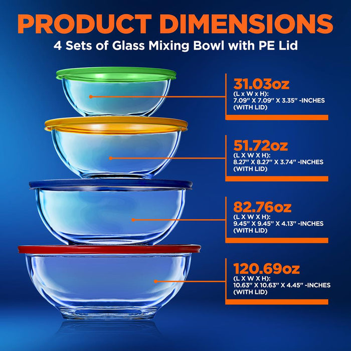 4 Sets Of High Borosilicate Glass Mixing Bowl With Pe Lids, Space-Saving Nesting Bowls