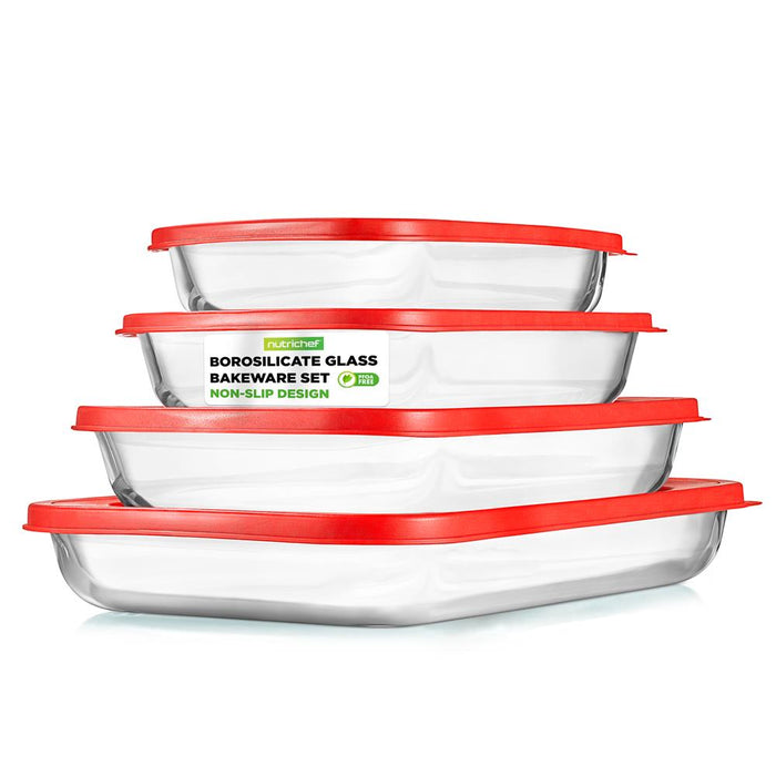 4 Sets Of High Borosilicate Rectangular Glass Bakeware Set With Pe Lid (Red)