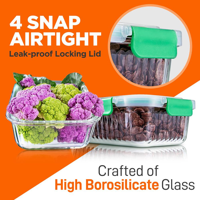 5-Piece Superior Glass Food Storage Containers Set - Stackable Design, Newly Bpa-Free Airtight Locking Lids With Wave Design