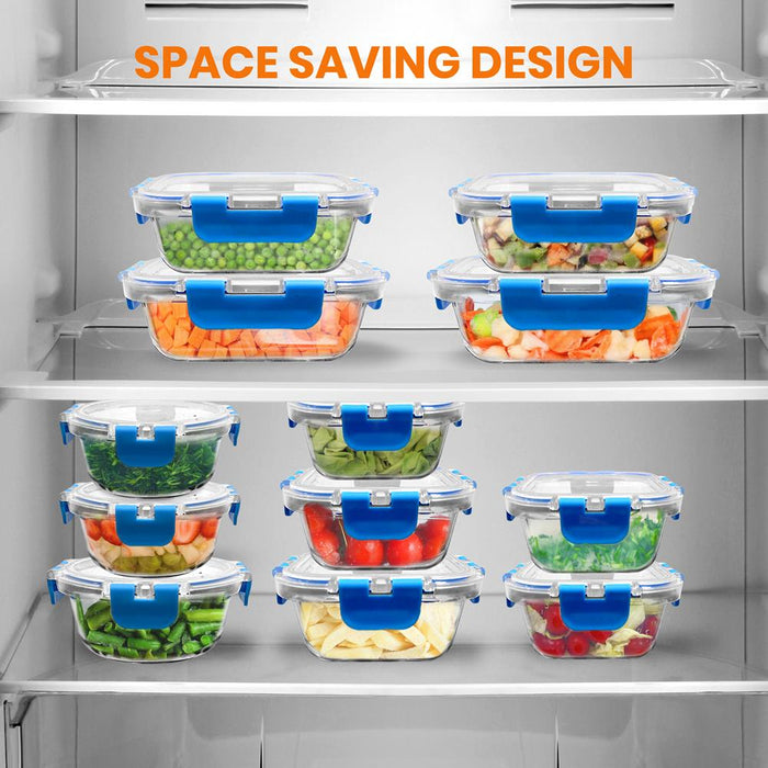 24-Piece Superior Glass Food Storage Containers Set - Stackable Design With Newly Innovated Hinged Bpa-Free Locking Lids (Blue)