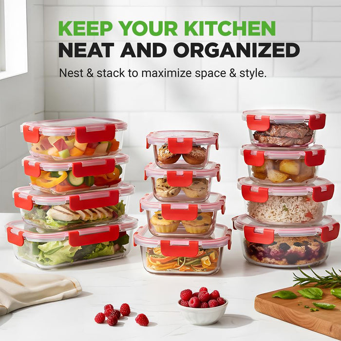 Glass Food Storage Set 24pc Airtight Leak-Proof Borosilicate Red