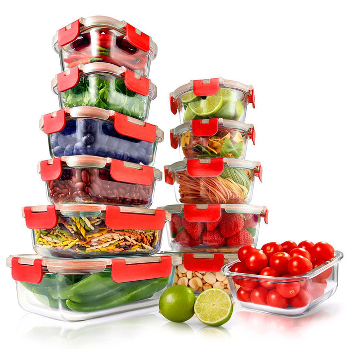 24-Piece Superior Glass Food Storage Containers Set - Stackable Design With Newly Innovated Hinged Bpa-Free Locking Lids (Red)