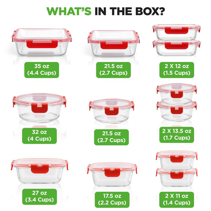 Glass Food Storage Set 24pc Airtight Leak-Proof Borosilicate Red