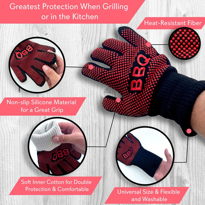 1472? Extreme Heat Resistant Grill Gloves - 14'' Food Grade Kitchen Oven Mitts, Silicone Non-Slip Cooking Gloves For Barbecue