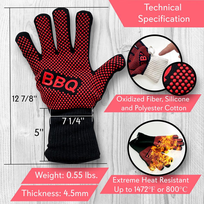 1472? Extreme Heat Resistant Grill Gloves - 14'' Food Grade Kitchen Oven Mitts, Silicone Non-Slip Cooking Gloves For Barbecue