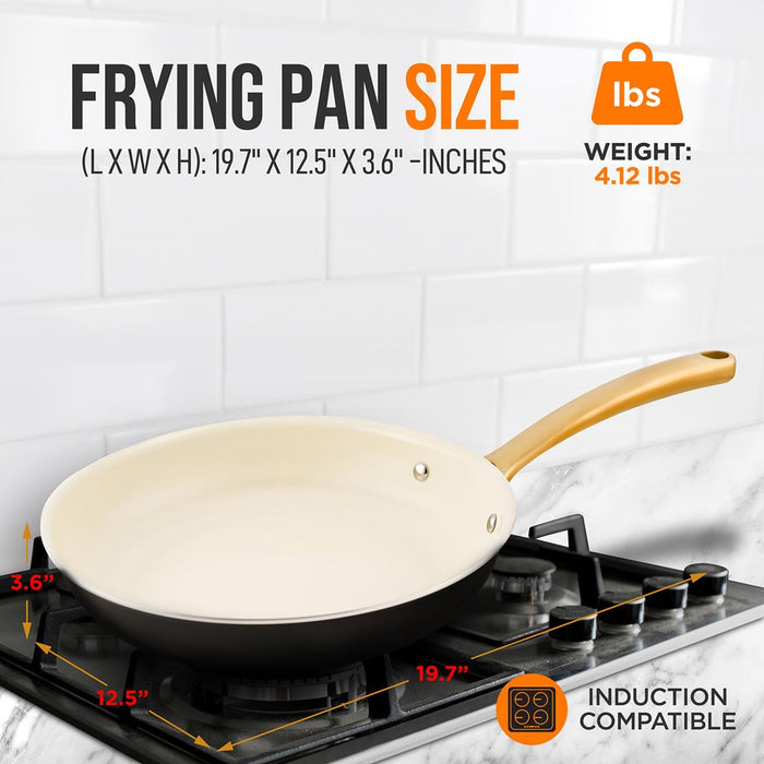 12'' Large Fry Pan - Non-Stick Pan With Silicone Handle, Interior Non-Stick Ceramic Coating And Polyester Coating Outside